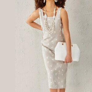 Charlie Paige Women's Sleeveless Square Neck Palm Print Linen Blend Dress